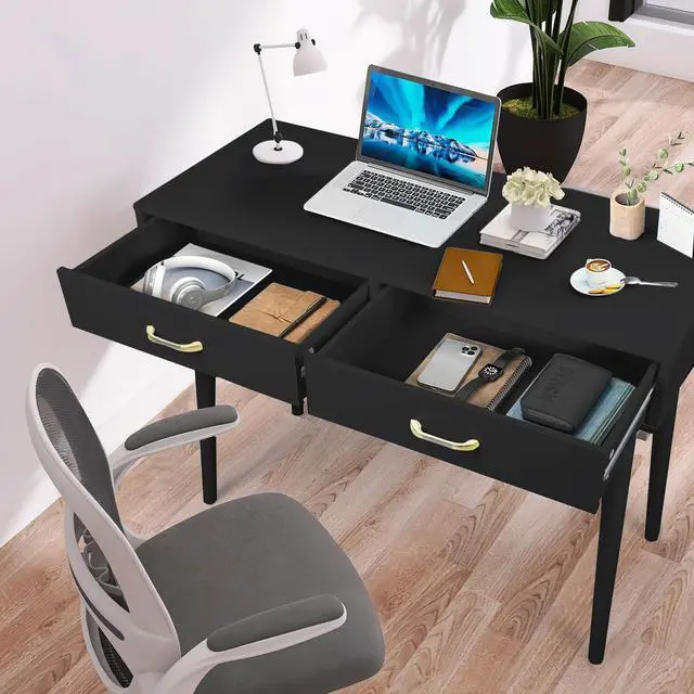 Alt view image 5 of 6 - Small Black Desk with 2 Drawers, Modern Writing Desk for Small Spaces, Home Office Desk for Study, Laptop Computer Desk for Work, Makeup Vanity Table for Bedroom (Jet Black)