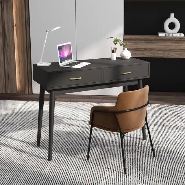 Alt view image 6 of 6 - Small Black Desk with 2 Drawers, Modern Writing Desk for Small Spaces, Home Office Desk for Study, Laptop Computer Desk for Work, Makeup Vanity Table for Bedroom (Jet Black)