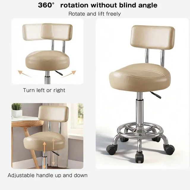 Alt view image 3 of 6 - Vanity Chair with Back Small Armless Office Chair with Wheels and Footrest, PU Leather Adjustable Height Swivel Chair for Bedroom, Home Office Khaki
