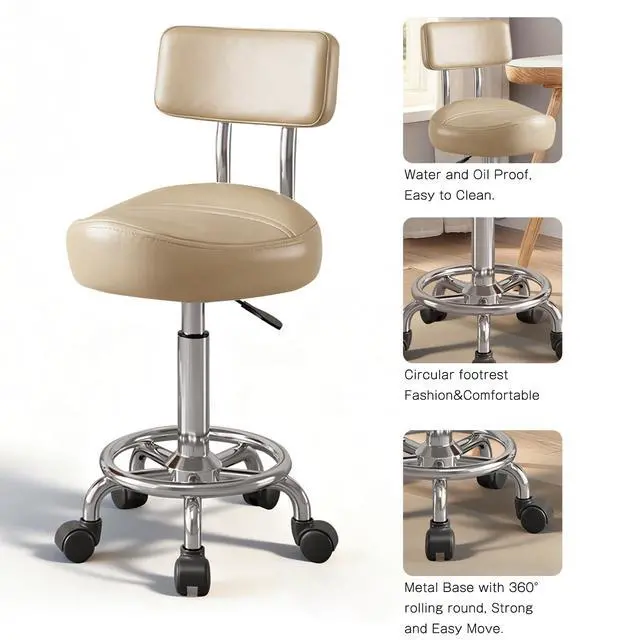 Alt view image 4 of 6 - Vanity Chair with Back Small Armless Office Chair with Wheels and Footrest, PU Leather Adjustable Height Swivel Chair for Bedroom, Home Office Khaki