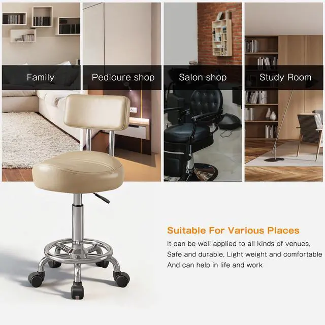 Alt view image 5 of 6 - Vanity Chair with Back Small Armless Office Chair with Wheels and Footrest, PU Leather Adjustable Height Swivel Chair for Bedroom, Home Office Khaki