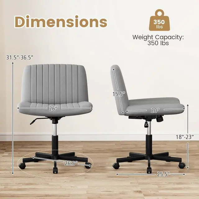 Alt view image 3 of 6 - Criss Cross Office Chair with Wheels, Swivel Cross Legged Desk Chair with Wide Padded Seat, Rocking Function and Adjustable Height, Rolling Armless Computer Task Chair for Home Office, Gray