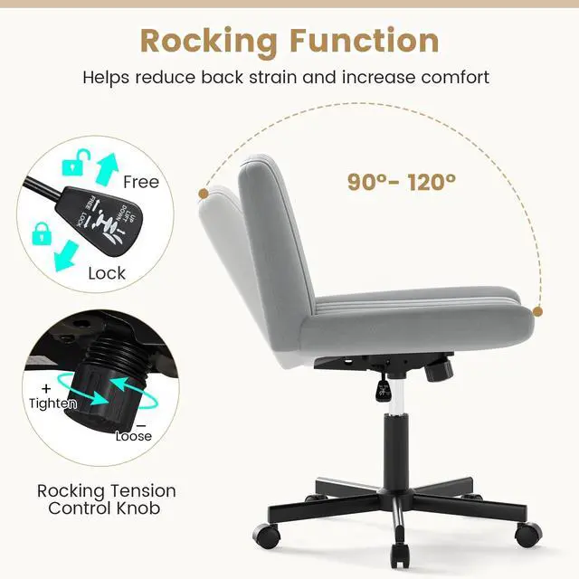 Alt view image 4 of 6 - Criss Cross Office Chair with Wheels, Swivel Cross Legged Desk Chair with Wide Padded Seat, Rocking Function and Adjustable Height, Rolling Armless Computer Task Chair for Home Office, Gray