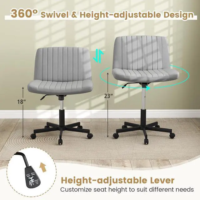 Alt view image 5 of 6 - Criss Cross Office Chair with Wheels, Swivel Cross Legged Desk Chair with Wide Padded Seat, Rocking Function and Adjustable Height, Rolling Armless Computer Task Chair for Home Office, Gray