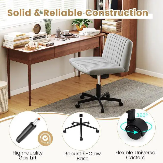 Alt view image 6 of 6 - Criss Cross Office Chair with Wheels, Swivel Cross Legged Desk Chair with Wide Padded Seat, Rocking Function and Adjustable Height, Rolling Armless Computer Task Chair for Home Office, Gray