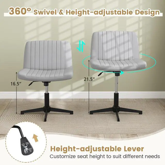 Alt view image 3 of 6 - Criss Cross Office Chair with No Wheels, Swivel Cross Legged Desk Chair with Wide Padded Seat, Rocking Function and Adjustable Height, Armless Computer Task Chair for Home Office, Gray