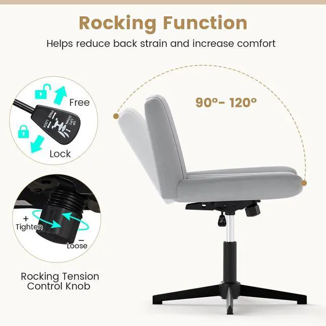 Alt view image 4 of 6 - Criss Cross Office Chair with No Wheels, Swivel Cross Legged Desk Chair with Wide Padded Seat, Rocking Function and Adjustable Height, Armless Computer Task Chair for Home Office, Gray