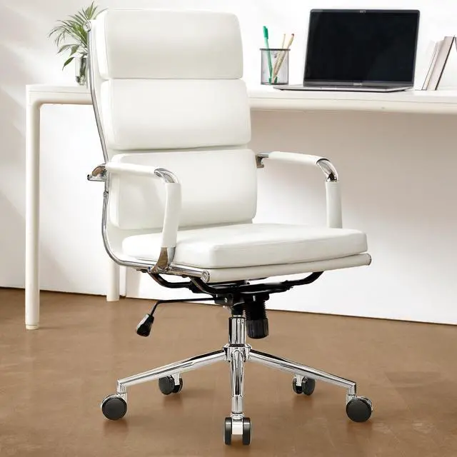 Main image of Office Desk Ergonomic Chair Leather Executive High-Back Modern Conference Comfy Adjustable Padded Swivel Rolling Home Vanity Chairs with Arms Wheels (White)