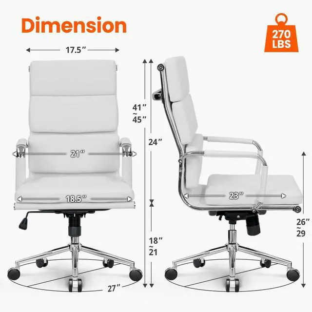 Alt view image 2 of 6 - Office Desk Ergonomic Chair Leather Executive High-Back Modern Conference Comfy Adjustable Padded Swivel Rolling Home Vanity Chairs with Arms Wheels (White)
