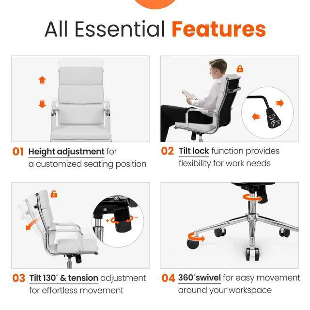 Alt view image 5 of 6 - Office Desk Ergonomic Chair Leather Executive High-Back Modern Conference Comfy Adjustable Padded Swivel Rolling Home Vanity Chairs with Arms Wheels (White)