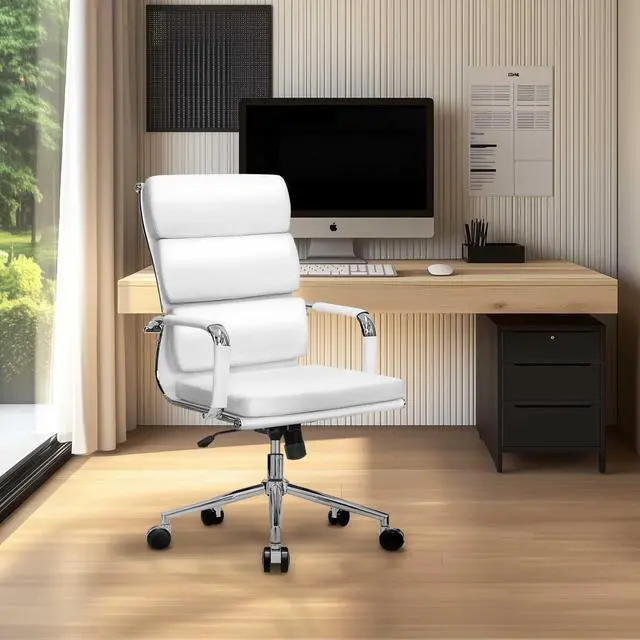 Alt view image 6 of 6 - Office Desk Ergonomic Chair Leather Executive High-Back Modern Conference Comfy Adjustable Padded Swivel Rolling Home Vanity Chairs with Arms Wheels (White)