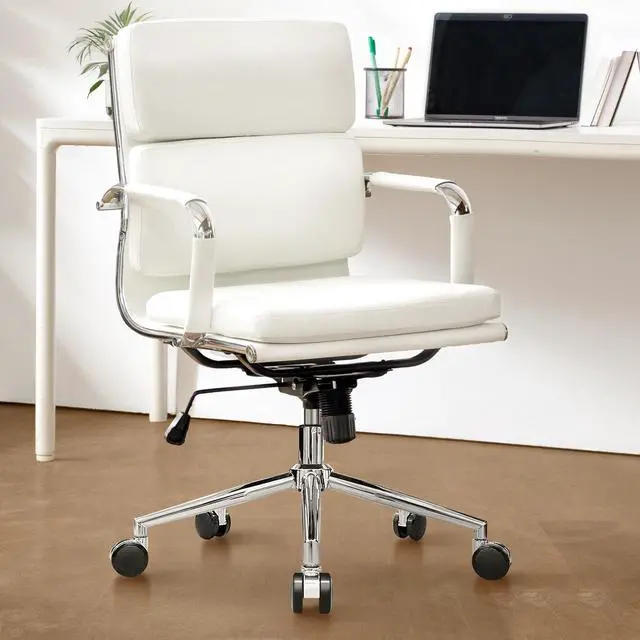 Main image of Office Desk Ergonomic Chair Leather Executive Mid-Back Modern Conference Comfy Adjustable Padded Swivel Rolling Home Vanity Chairs with Arms Wheels (White)