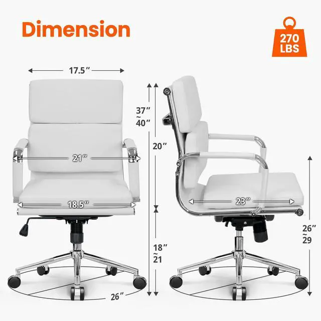 Alt view image 2 of 6 - Office Desk Ergonomic Chair Leather Executive Mid-Back Modern Conference Comfy Adjustable Padded Swivel Rolling Home Vanity Chairs with Arms Wheels (White)