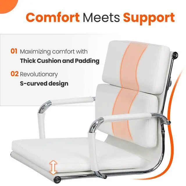 Alt view image 3 of 6 - Office Desk Ergonomic Chair Leather Executive Mid-Back Modern Conference Comfy Adjustable Padded Swivel Rolling Home Vanity Chairs with Arms Wheels (White)