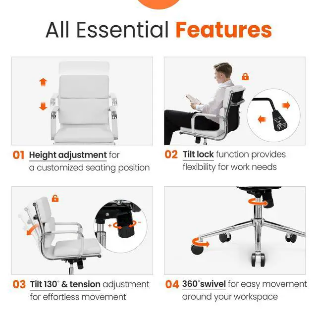 Alt view image 5 of 6 - Office Desk Ergonomic Chair Leather Executive Mid-Back Modern Conference Comfy Adjustable Padded Swivel Rolling Home Vanity Chairs with Arms Wheels (White)