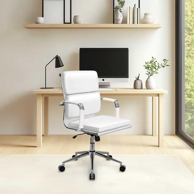 Alt view image 6 of 6 - Office Desk Ergonomic Chair Leather Executive Mid-Back Modern Conference Comfy Adjustable Padded Swivel Rolling Home Vanity Chairs with Arms Wheels (White)