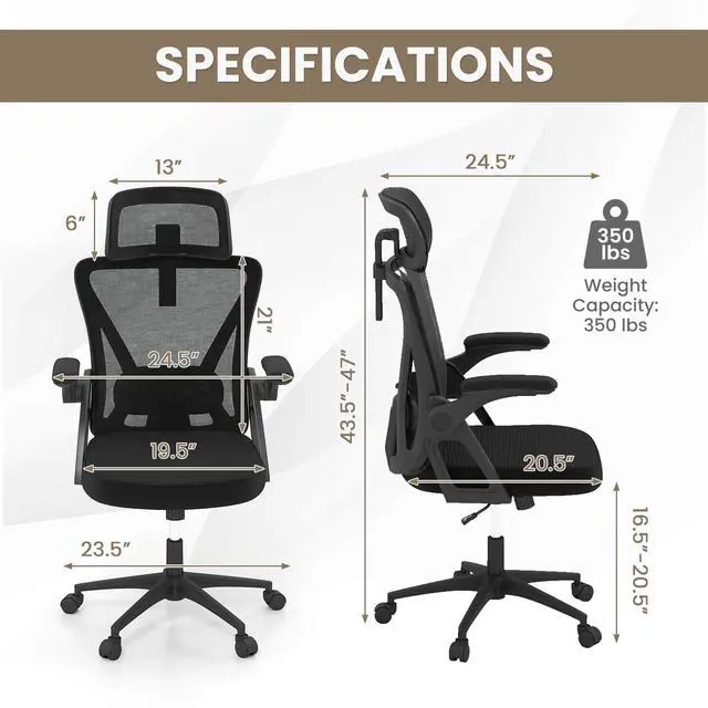 Alt view image 2 of 6 - Ergonomic Mesh Office Chair, Computer Chair w/2D Headrest, Lumbar Support, Flip-up Padded Arms & Rocking Function, High Back Desk Chairs for Home Office Study Room