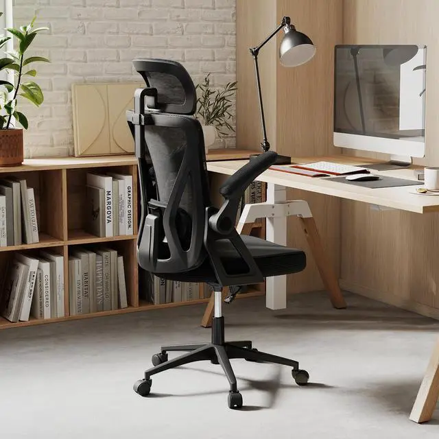Alt view image 3 of 6 - Ergonomic Mesh Office Chair, Computer Chair w/2D Headrest, Lumbar Support, Flip-up Padded Arms & Rocking Function, High Back Desk Chairs for Home Office Study Room