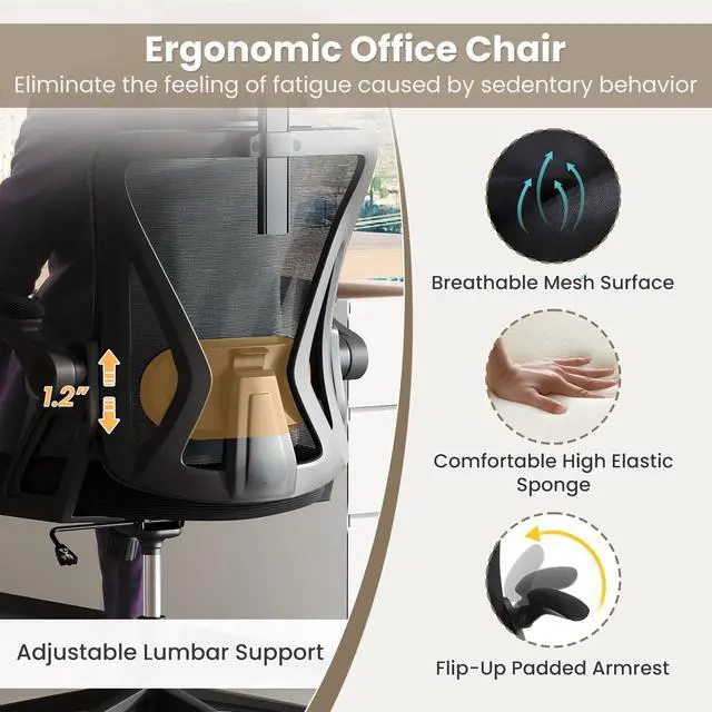 Alt view image 4 of 6 - Ergonomic Mesh Office Chair, Computer Chair w/2D Headrest, Lumbar Support, Flip-up Padded Arms & Rocking Function, High Back Desk Chairs for Home Office Study Room