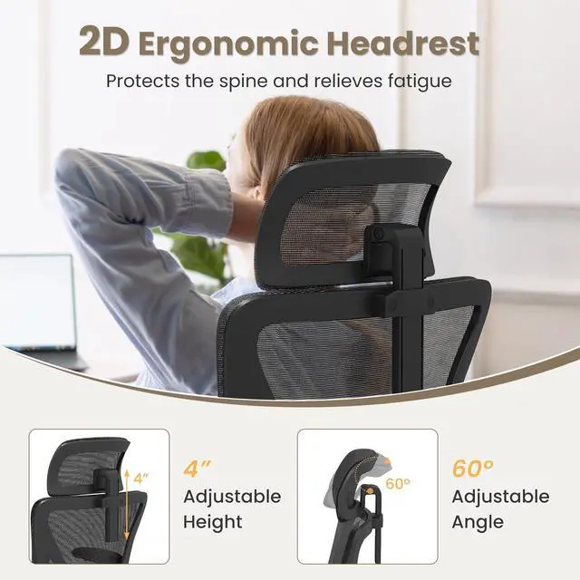 Alt view image 5 of 6 - Ergonomic Mesh Office Chair, Computer Chair w/2D Headrest, Lumbar Support, Flip-up Padded Arms & Rocking Function, High Back Desk Chairs for Home Office Study Room