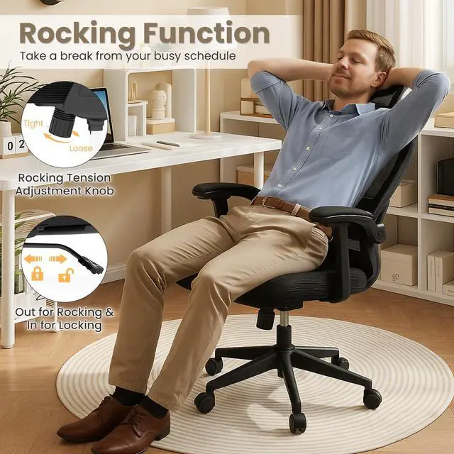 Alt view image 6 of 6 - Ergonomic Mesh Office Chair, Computer Chair w/2D Headrest, Lumbar Support, Flip-up Padded Arms & Rocking Function, High Back Desk Chairs for Home Office Study Room