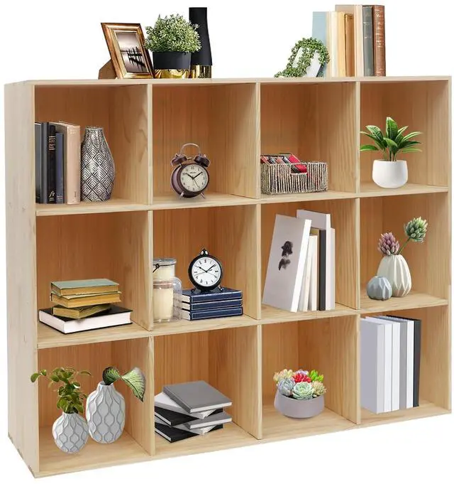 Main image of Solid Wood 12 Cube Storage Organizer Small Bookshelf for Small Spaces Wooden Cube Shelf Bookcase Floorstanding Storage Shelves Cubby Storage Organizer for Bedroom Living Room Study (47.24 in)