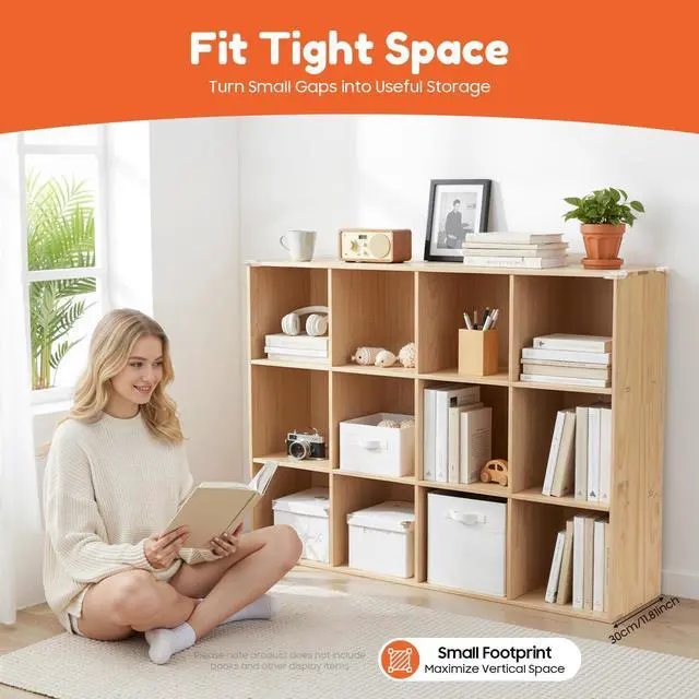Alt view image 2 of 6 - Solid Wood 12 Cube Storage Organizer Small Bookshelf for Small Spaces Wooden Cube Shelf Bookcase Floorstanding Storage Shelves Cubby Storage Organizer for Bedroom Living Room Study (47.24 in)