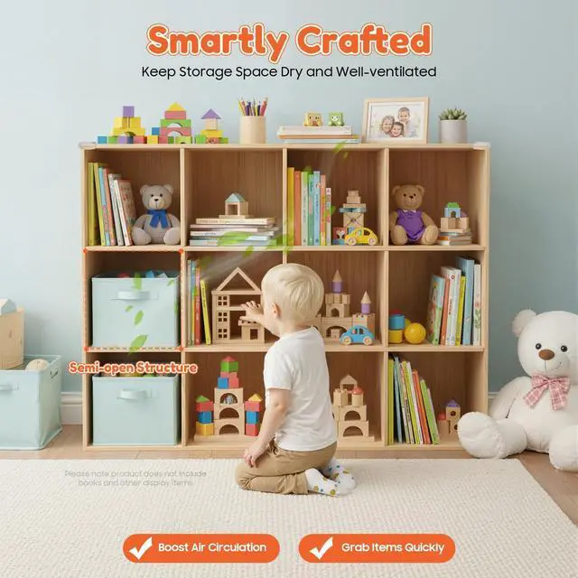 Alt view image 5 of 6 - Solid Wood 12 Cube Storage Organizer Small Bookshelf for Small Spaces Wooden Cube Shelf Bookcase Floorstanding Storage Shelves Cubby Storage Organizer for Bedroom Living Room Study (47.24 in)