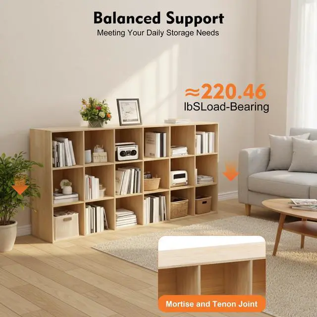 Alt view image 6 of 6 - Solid Wood 18 Cube Storage Organizer Small Bookshelf for Small Spaces Wooden Cube Shelf Bookcase Floorstanding Storage Shelves Cubby Storage Organizer for Bedroom Living Room Study (70.87 in)