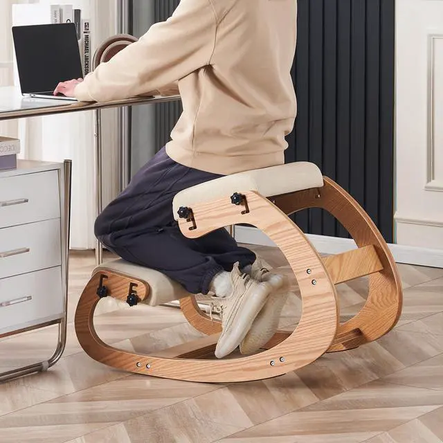 Alt view image 2 of 6 - Ergonomic Kneeling Chair, Adjustable Rocking Office Chair Wooden Knee Chair Posture Chair for Home Office Back Pain Relief, Beige