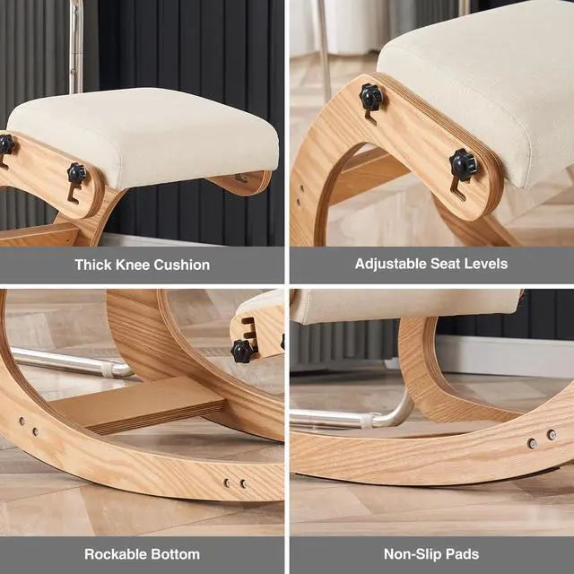 Alt view image 6 of 6 - Ergonomic Kneeling Chair, Adjustable Rocking Office Chair Wooden Knee Chair Posture Chair for Home Office Back Pain Relief, Beige