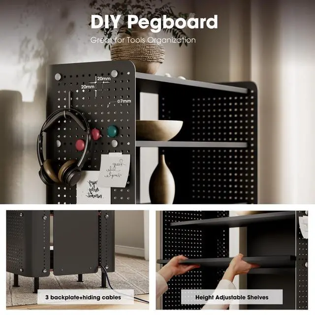 Alt view image 4 of 6 - 4 Tier Bookshelf, Modern Open Bookcase with Pegboard, 24.3 Inches Small Book Shelf Storage Organizer with Adjustable Shelves for Living Room, Bedroom, Home Office