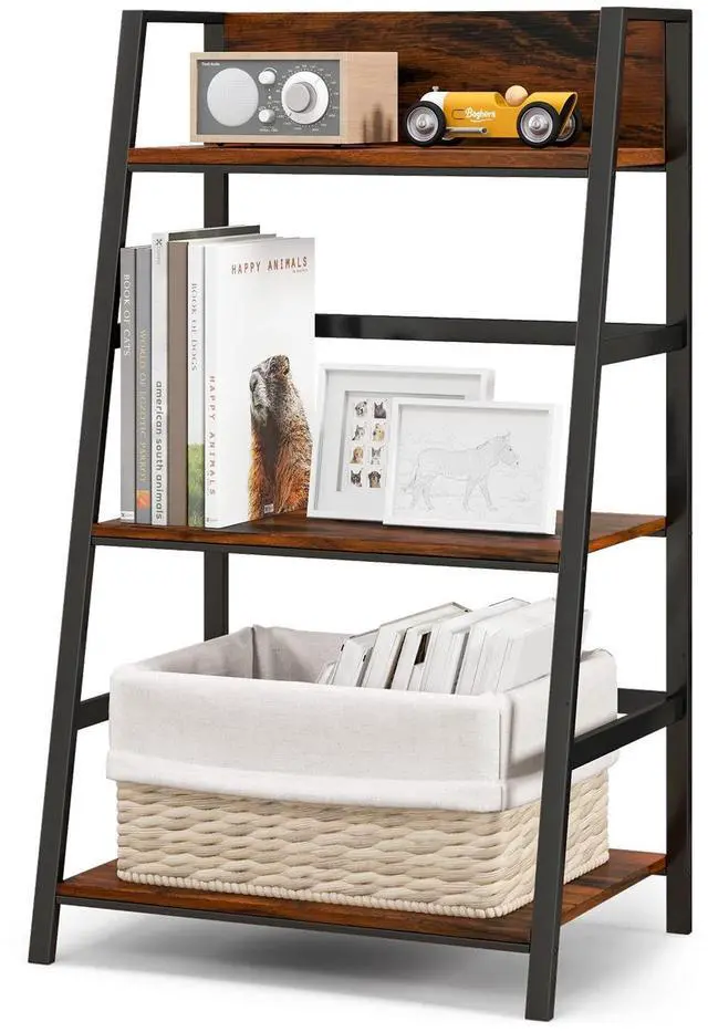Main image of 3-Tier Ladder Bookshelf, Industrial Wooden Bookcase w/Metal Frame, Anti-Toppling Device, Freestanding Display Shelf Plant Stand, Storage Rack for Home Office Living Room (1, 3-Tier)