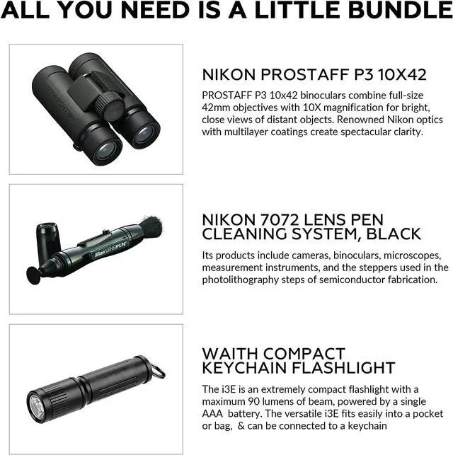 Alt view image 2 of 4 - PROSTAFF P3 10x42 Waterproof Binocular for Adults | Small & Compact Travel Binoculars for Bird Watching | Lens Pen Cleaning System, & Flashlight Bundle Set