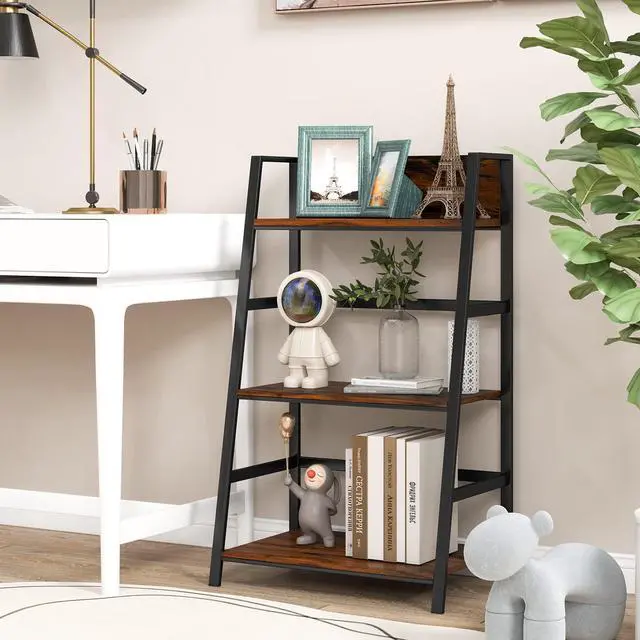 Alt view image 2 of 6 - 3-Tier Ladder Bookshelf, Industrial Wooden Bookcase w/Metal Frame, Anti-Toppling Device, Freestanding Display Shelf Plant Stand, Storage Rack for Home Office Living Room (1, 3-Tier)