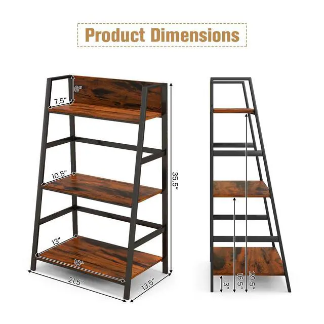 Alt view image 3 of 6 - 3-Tier Ladder Bookshelf, Industrial Wooden Bookcase w/Metal Frame, Anti-Toppling Device, Freestanding Display Shelf Plant Stand, Storage Rack for Home Office Living Room (1, 3-Tier)