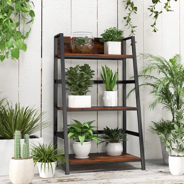 Alt view image 4 of 6 - 3-Tier Ladder Bookshelf, Industrial Wooden Bookcase w/Metal Frame, Anti-Toppling Device, Freestanding Display Shelf Plant Stand, Storage Rack for Home Office Living Room (1, 3-Tier)