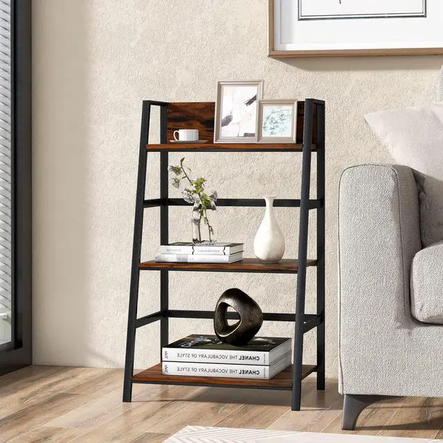 Alt view image 5 of 6 - 3-Tier Ladder Bookshelf, Industrial Wooden Bookcase w/Metal Frame, Anti-Toppling Device, Freestanding Display Shelf Plant Stand, Storage Rack for Home Office Living Room (1, 3-Tier)