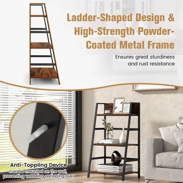 Alt view image 6 of 6 - 3-Tier Ladder Bookshelf, Industrial Wooden Bookcase w/Metal Frame, Anti-Toppling Device, Freestanding Display Shelf Plant Stand, Storage Rack for Home Office Living Room (1, 3-Tier)