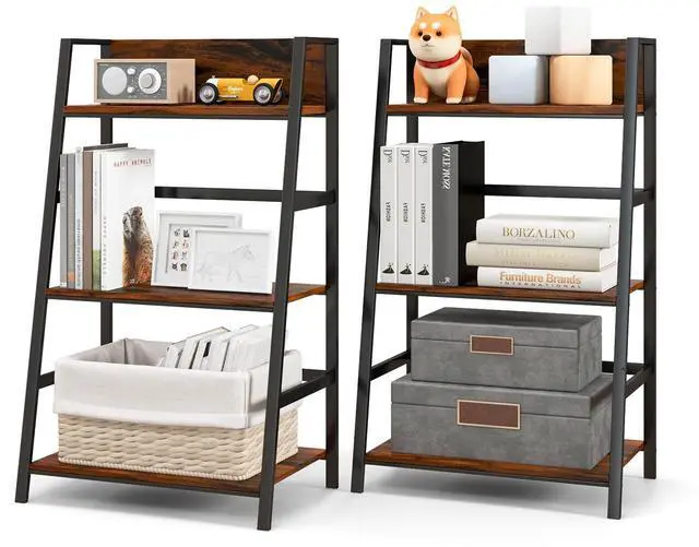 Main image of 3-Tier Ladder Bookshelf, Industrial Wooden Bookcase w/Metal Frame, Anti-Toppling Device, Freestanding Display Shelf Plant Stand, Storage Rack for Home Office Living Room (2, 3-Tier)