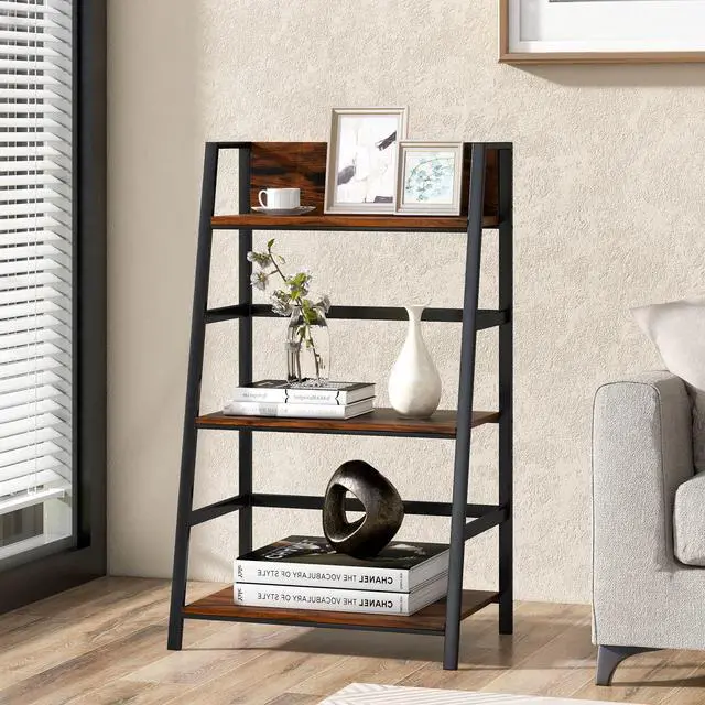 Alt view image 5 of 6 - 3-Tier Ladder Bookshelf, Industrial Wooden Bookcase w/Metal Frame, Anti-Toppling Device, Freestanding Display Shelf Plant Stand, Storage Rack for Home Office Living Room (2, 3-Tier)