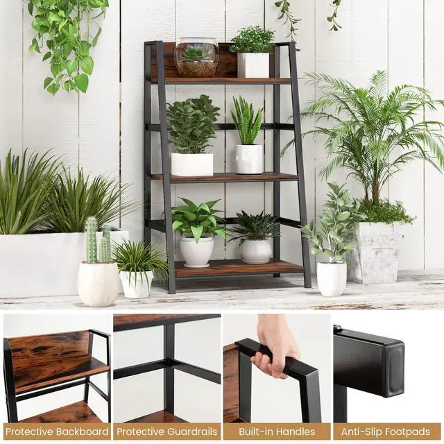 Alt view image 6 of 6 - 3-Tier Ladder Bookshelf, Industrial Wooden Bookcase w/Metal Frame, Anti-Toppling Device, Freestanding Display Shelf Plant Stand, Storage Rack for Home Office Living Room (2, 3-Tier)