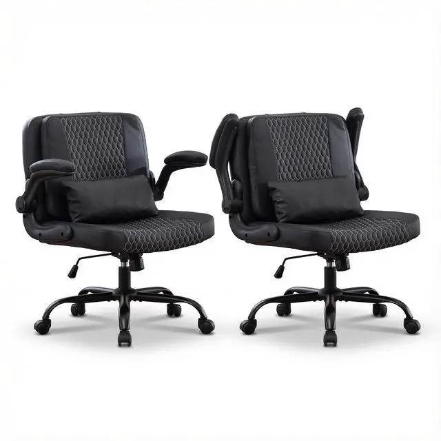 Main image of Criss Cross Chair with Flip Backrest, Desk Chair with Flip Up Arms, Ergonomic Cross Legged Office Chair with Wheels, Adjustable Height Swivel Vanity Chair, PU Leather 2PCS, Black