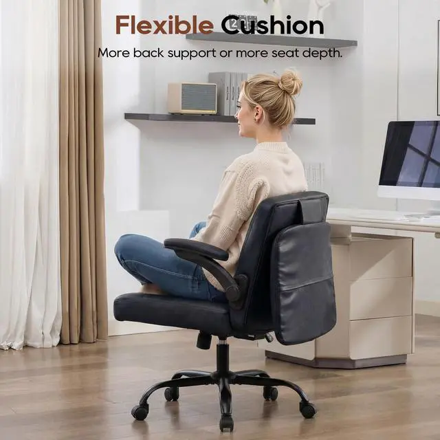 Alt view image 2 of 6 - Criss Cross Chair with Flip Backrest, Desk Chair with Flip Up Arms, Ergonomic Cross Legged Office Chair with Wheels, Adjustable Height Swivel Vanity Chair, PU Leather 2PCS, Black