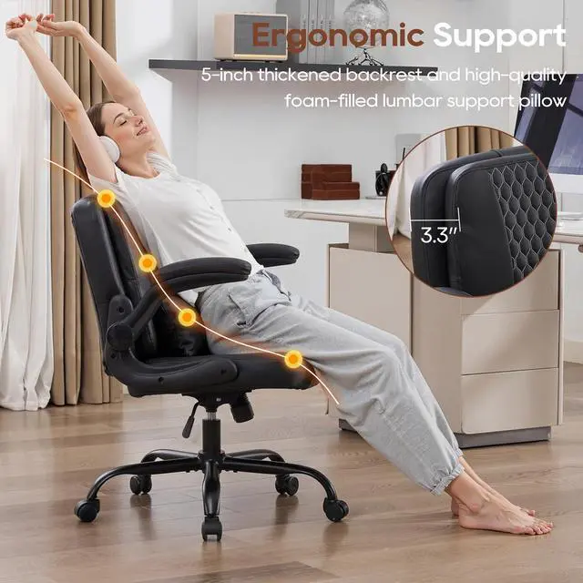 Alt view image 4 of 6 - Criss Cross Chair with Flip Backrest, Desk Chair with Flip Up Arms, Ergonomic Cross Legged Office Chair with Wheels, Adjustable Height Swivel Vanity Chair, PU Leather 2PCS, Black