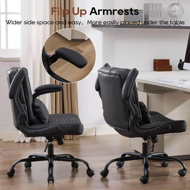 Alt view image 6 of 6 - Criss Cross Chair with Flip Backrest, Desk Chair with Flip Up Arms, Ergonomic Cross Legged Office Chair with Wheels, Adjustable Height Swivel Vanity Chair, PU Leather 2PCS, Black
