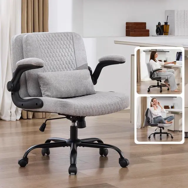 Main image of Criss Cross Chair with Flip Backrest, Desk Chair with Flip Up Arms, Ergonomic Cross Legged Office Chair with Wheels, Adjustable Height Swivel Vanity Chair, Fabric, Grey