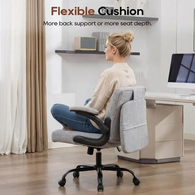 Alt view image 2 of 6 - Criss Cross Chair with Flip Backrest, Desk Chair with Flip Up Arms, Ergonomic Cross Legged Office Chair with Wheels, Adjustable Height Swivel Vanity Chair, Fabric, Grey