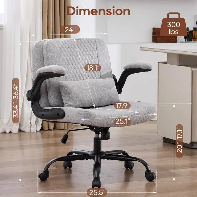 Alt view image 3 of 6 - Criss Cross Chair with Flip Backrest, Desk Chair with Flip Up Arms, Ergonomic Cross Legged Office Chair with Wheels, Adjustable Height Swivel Vanity Chair, Fabric, Grey