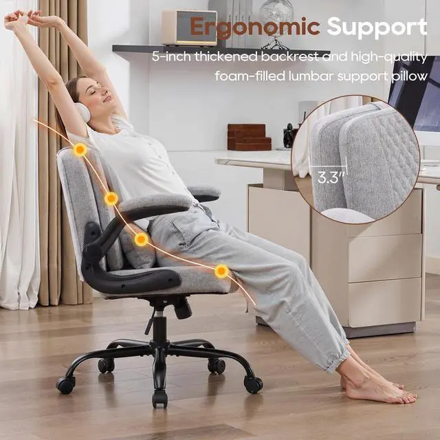 Alt view image 4 of 6 - Criss Cross Chair with Flip Backrest, Desk Chair with Flip Up Arms, Ergonomic Cross Legged Office Chair with Wheels, Adjustable Height Swivel Vanity Chair, Fabric, Grey